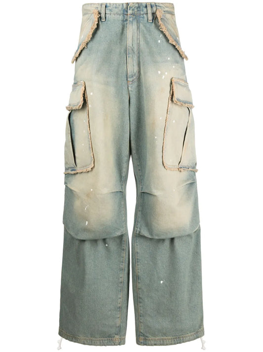 Bleach-Effect Wide-Leg Cargo Jeans