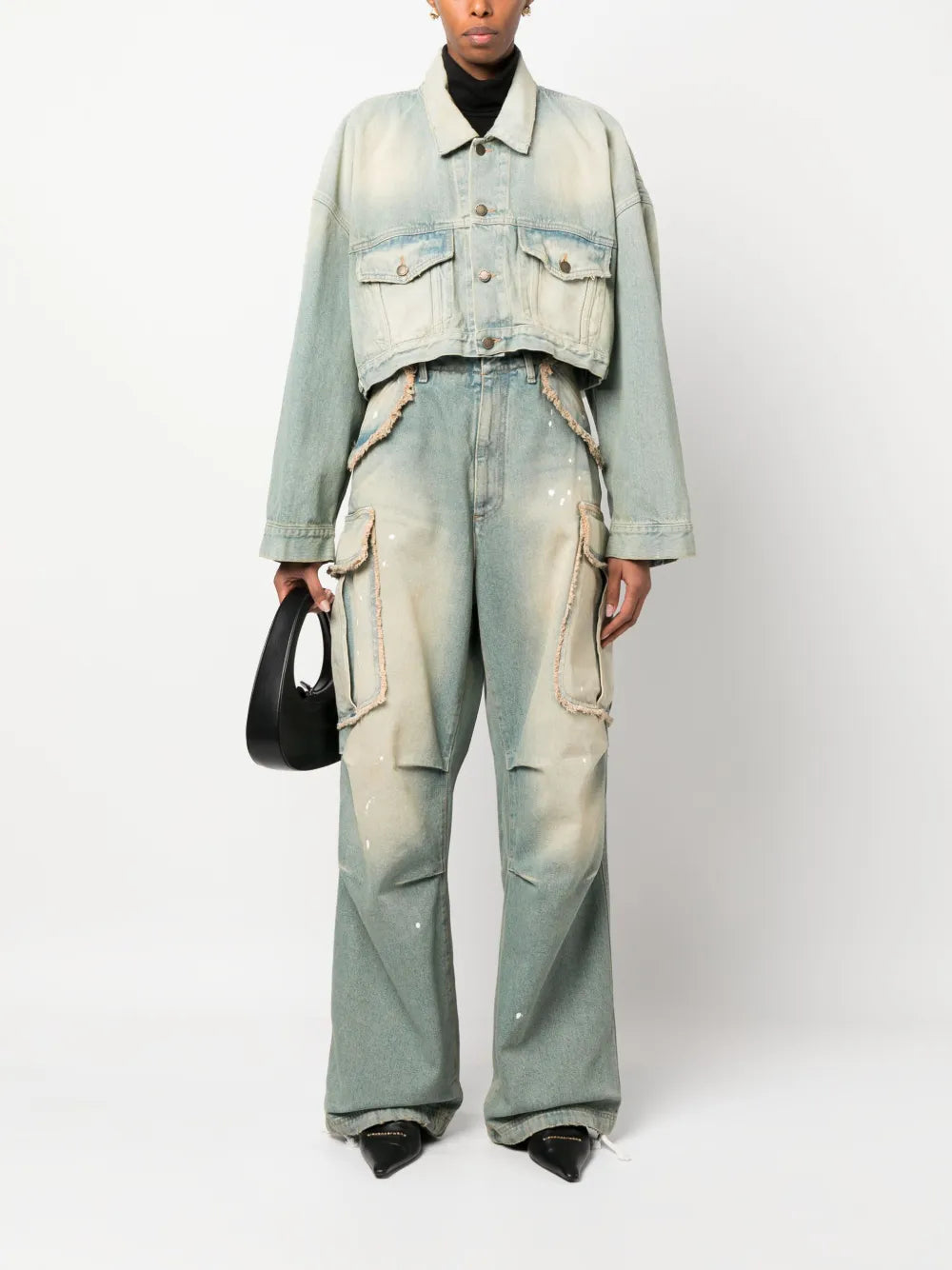 Bleach-Effect Wide-Leg Cargo Jeans