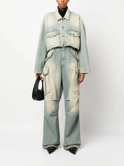 Bleach-Effect Wide-Leg Cargo Jeans