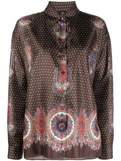 Mix-Print Pointed-Collar Silk Shirt