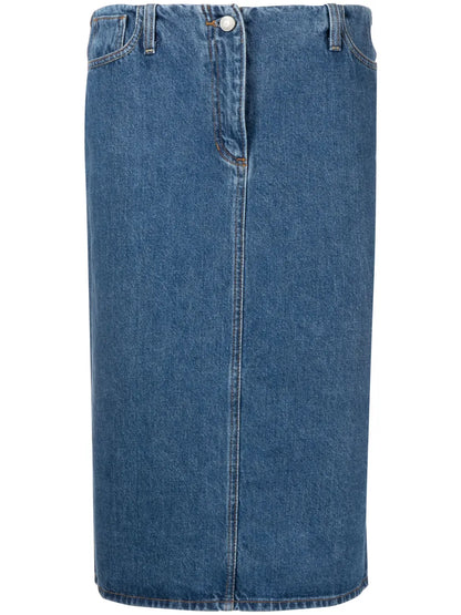 Engraved-Logo Denim Pencil Skirt