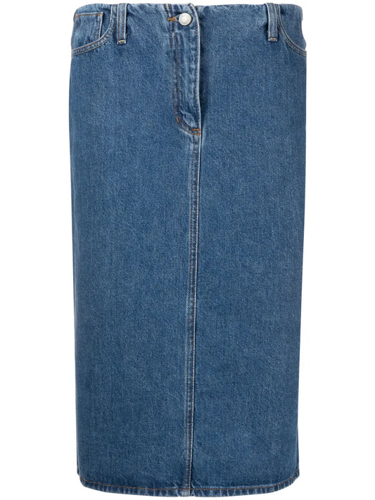 Engraved-Logo Denim Pencil Skirt