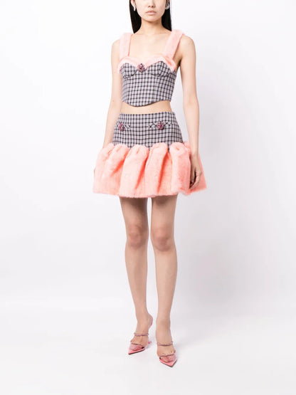 Godet Faux Fur-Trimmed Mini Skirt