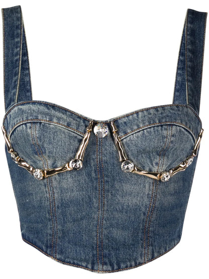 Claw Cup Crystal-Embellished Denim Bustier
