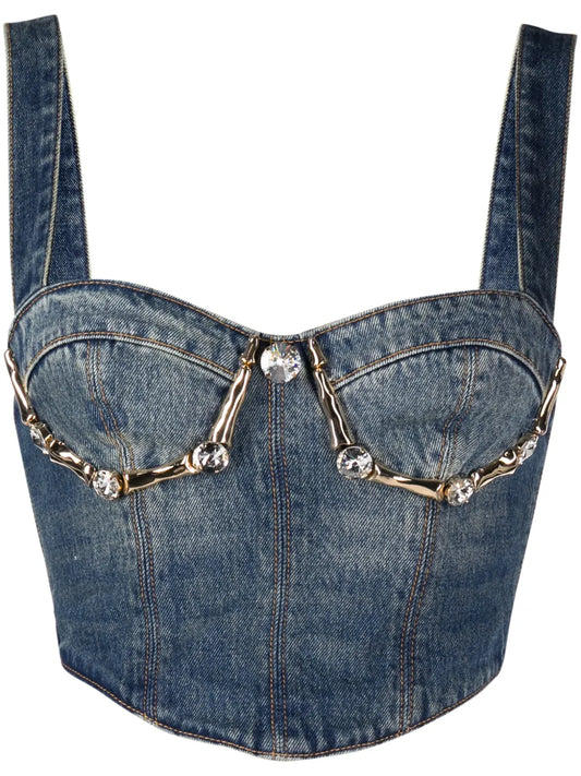 Claw Cup Crystal-Embellished Denim Bustier