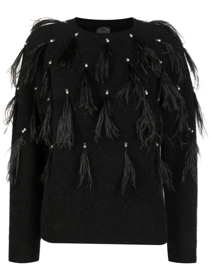 Feather-Detailing Crystal-Embellished Jumper