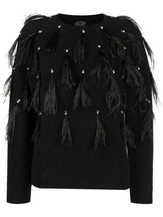 Feather-Detailing Crystal-Embellished Jumper