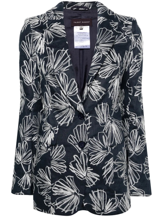 Floral-Embroidered Linen Blazer