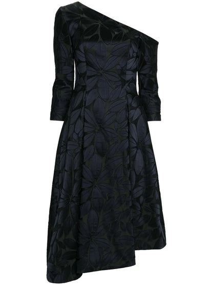 Floral-Appliqué Satin Midi Dress