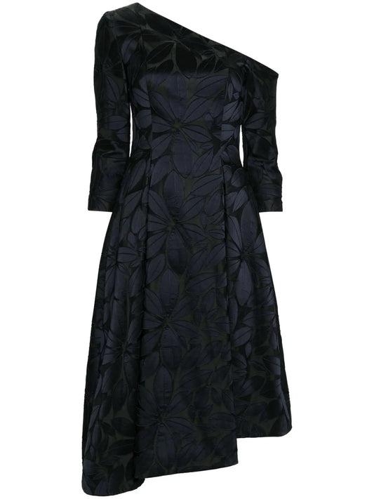Floral-Appliqué Satin Midi Dress