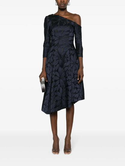 Floral-Appliqué Satin Midi Dress