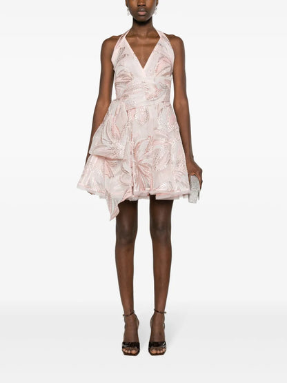 Floral-Appliqué Belted Minidress