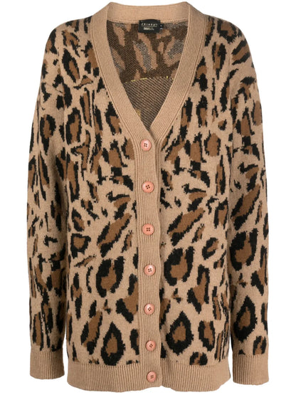 Leopard-Intarsia V-Neck Cardigan