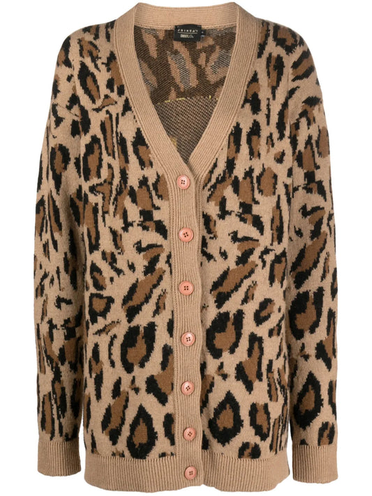 Leopard-Intarsia V-Neck Cardigan