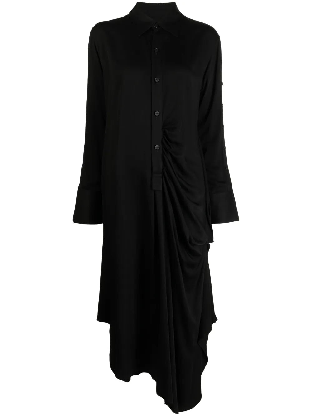 Long-Sleeve Draped Midi Shirt Dress