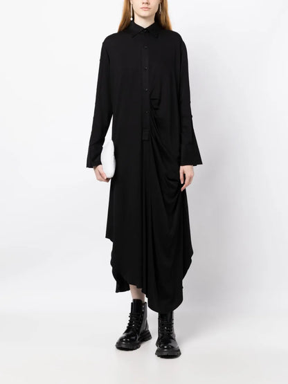 Long-Sleeve Draped Midi Shirt Dress
