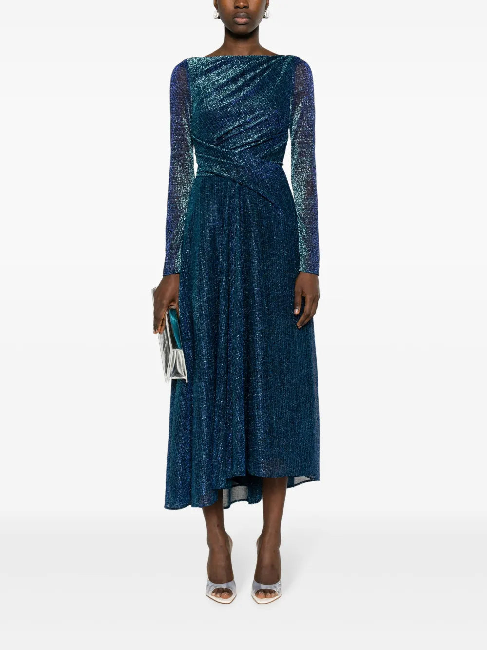 Metallic-Thread Draped Midi Dress