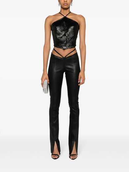 Tie-Fastening Leather Skinny Trousers