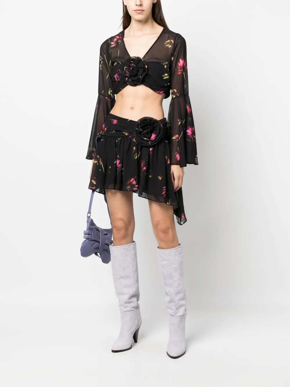 Semi-Sheer Floral-Print Cropped Blouse
