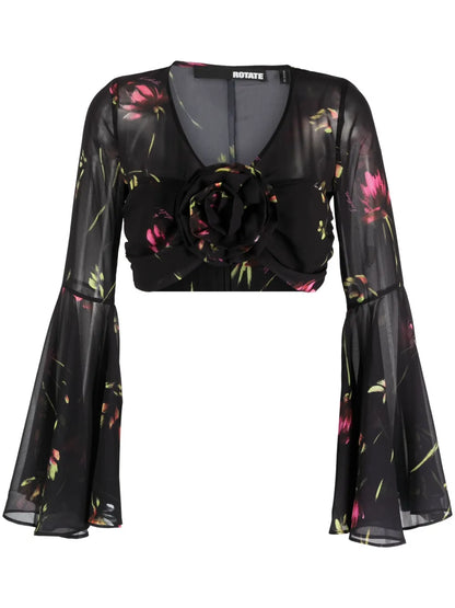 Semi-Sheer Floral-Print Cropped Blouse