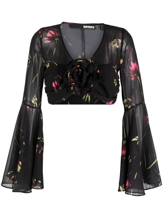 Semi-Sheer Floral-Print Cropped Blouse