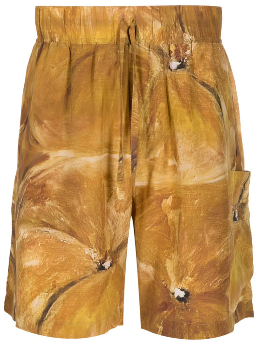 Painterly-Print Silk Drawstring Shorts