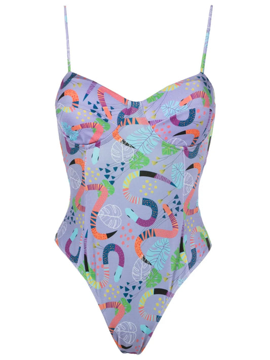 Illustration-Print Cut-Out Swimsuit