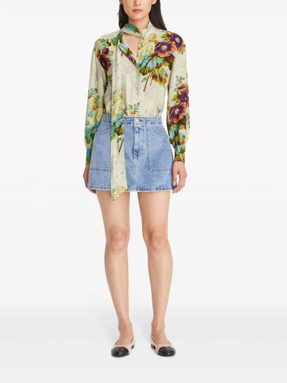 Floral-Pattern Pussy-Bow Blouse