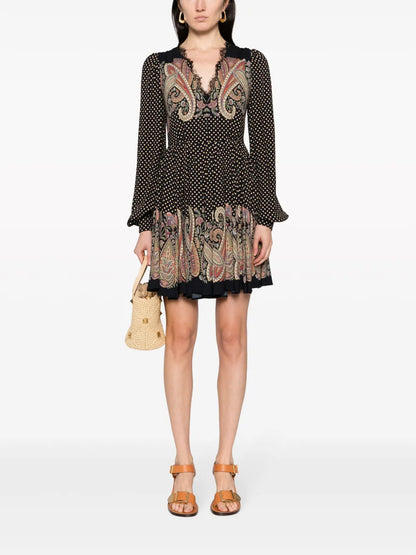 Lace-Trim Polka-Dot Flared Dress
