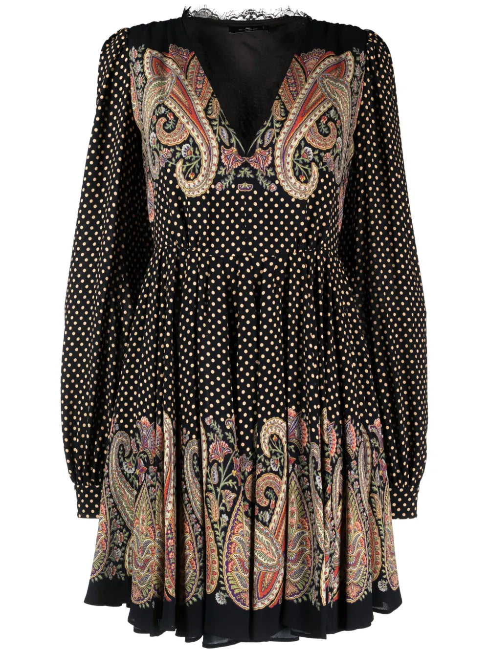 Lace-Trim Polka-Dot Flared Dress