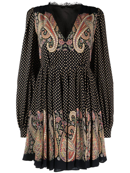 Lace-Trim Polka-Dot Flared Dress