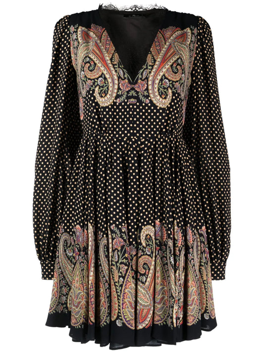 Lace-Trim Polka-Dot Flared Dress