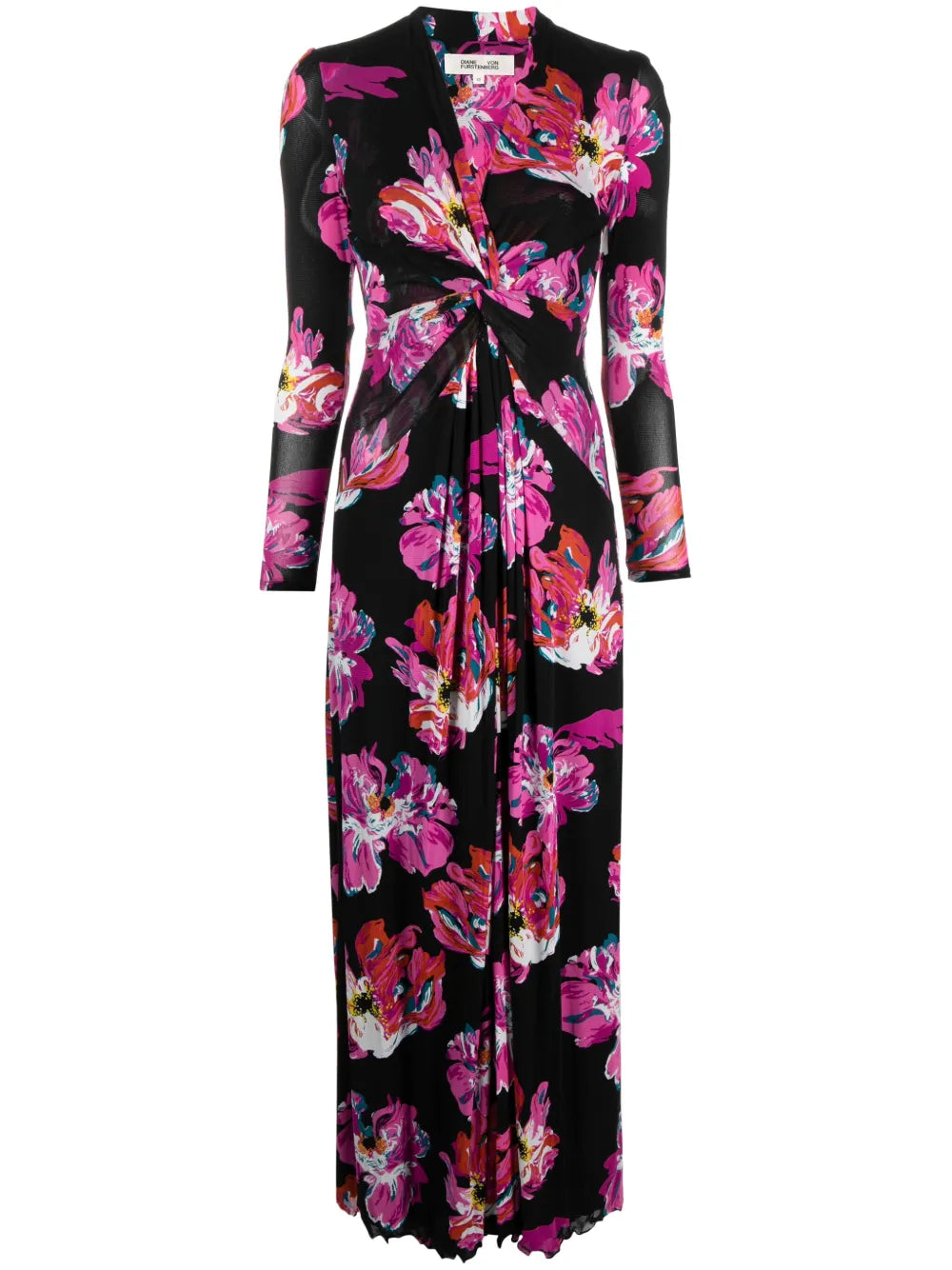Painted Blossom-Pattern Midi Dress