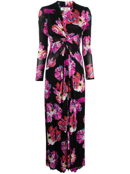 Painted Blossom-Pattern Midi Dress