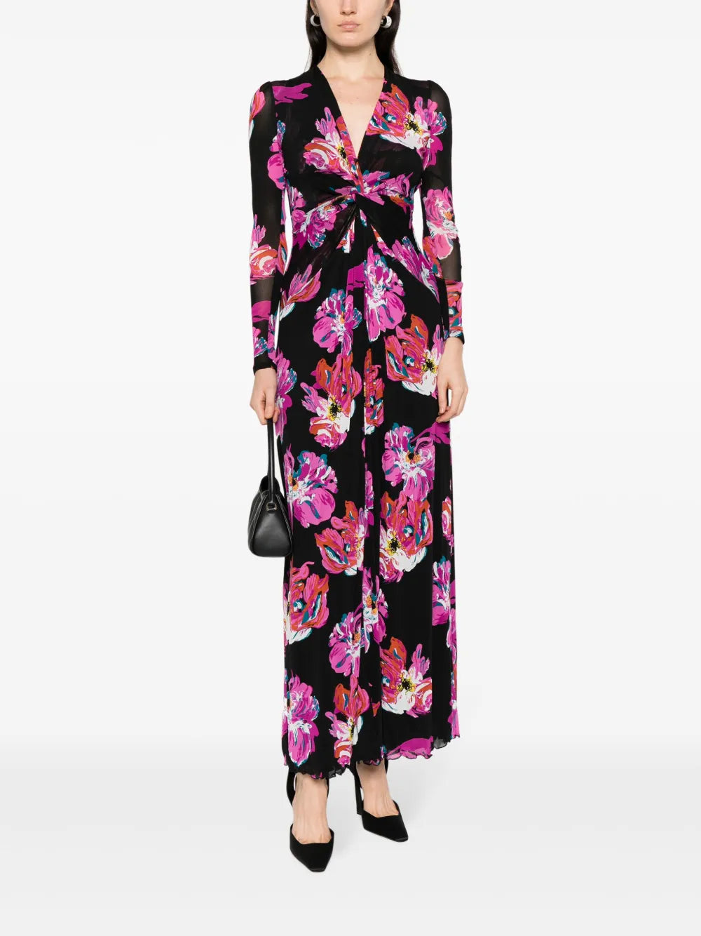 Painted Blossom-Pattern Midi Dress