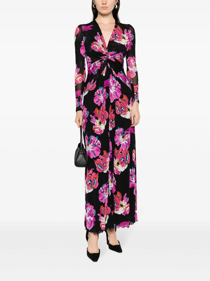 Painted Blossom-Pattern Midi Dress
