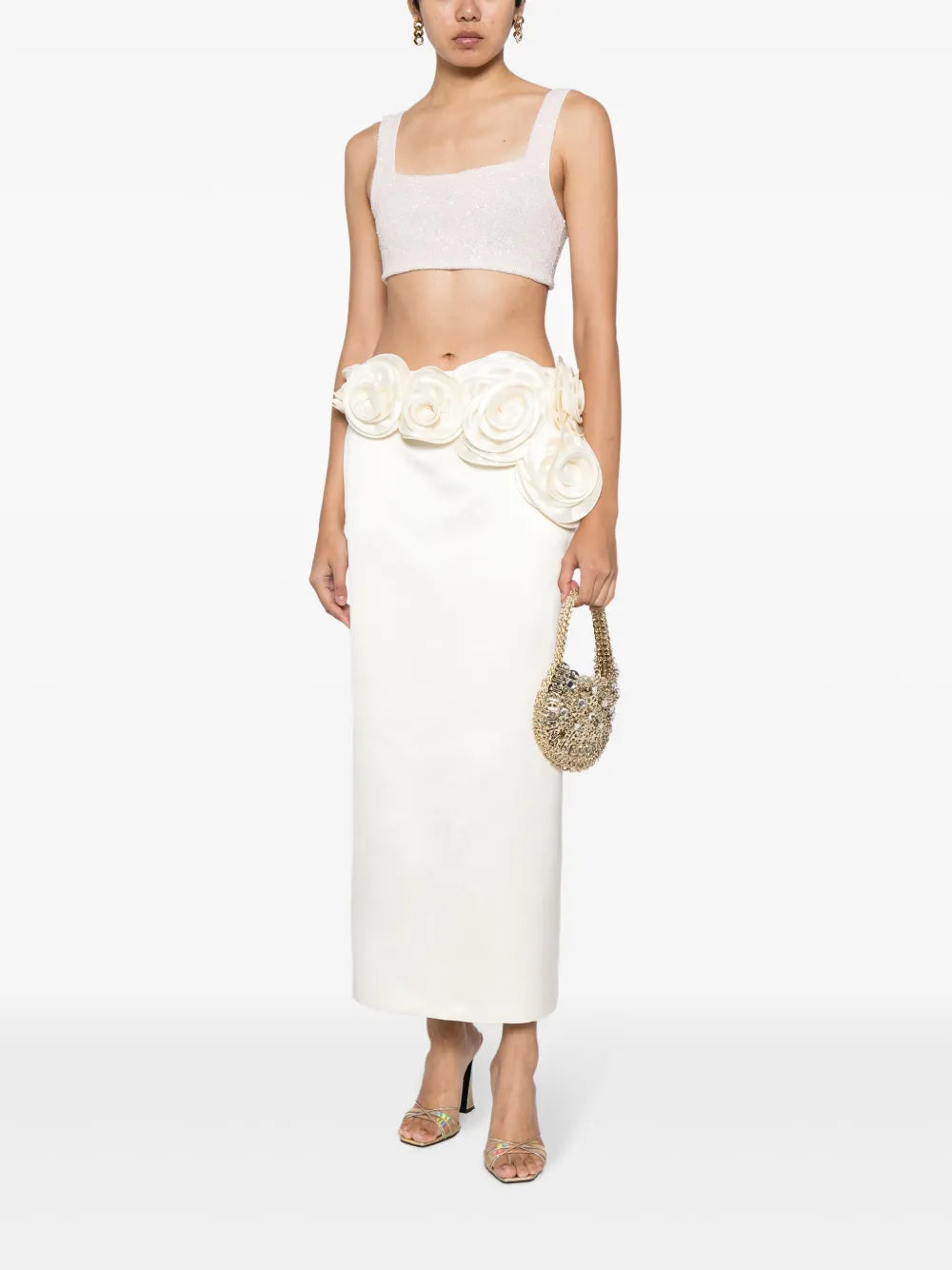 Floral-Appliqué Silk Midi Skirt