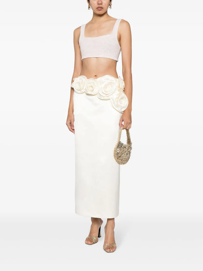 Floral-Appliqué Silk Midi Skirt