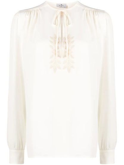 Leaf-Embroidered Silk Blouse