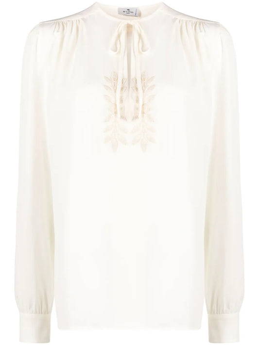 Leaf-Embroidered Silk Blouse