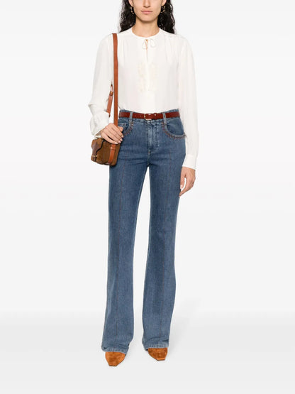 Leaf-Embroidered Silk Blouse