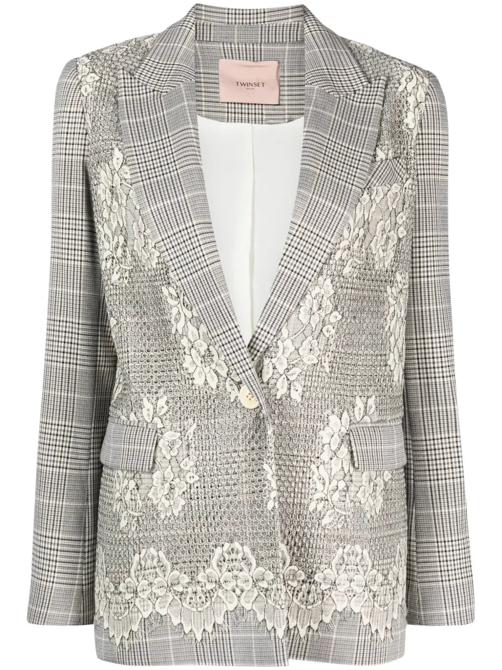 Glen Plaid-Check Lace-Appliqué Blazer