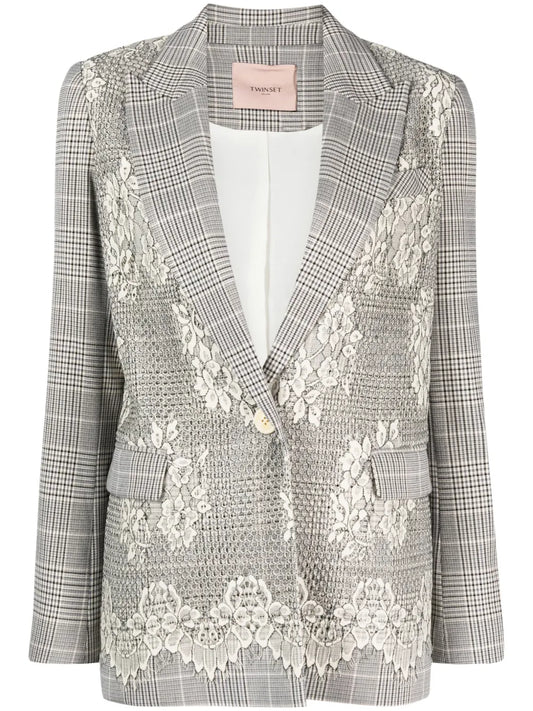 Glen Plaid-Check Lace-Appliqué Blazer