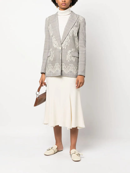 Glen Plaid-Check Lace-Appliqué Blazer
