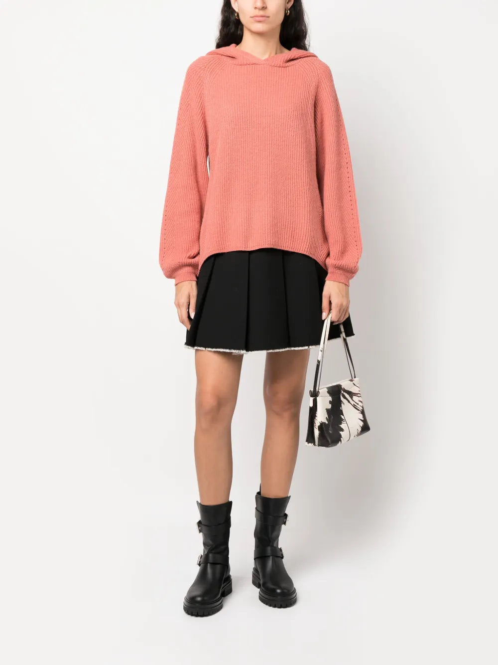 Balloon-Sleeve Ribbed-Knit Hoodie
