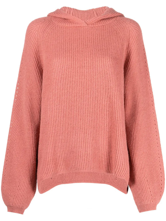 Balloon-Sleeve Ribbed-Knit Hoodie