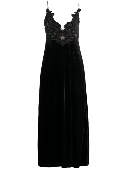 Floral-Embellished Velvet A-Line Dress