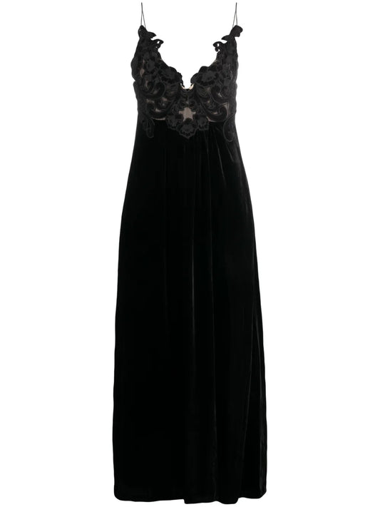 Floral-Embellished Velvet A-Line Dress