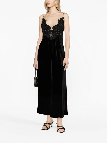 Floral-Embellished Velvet A-Line Dress