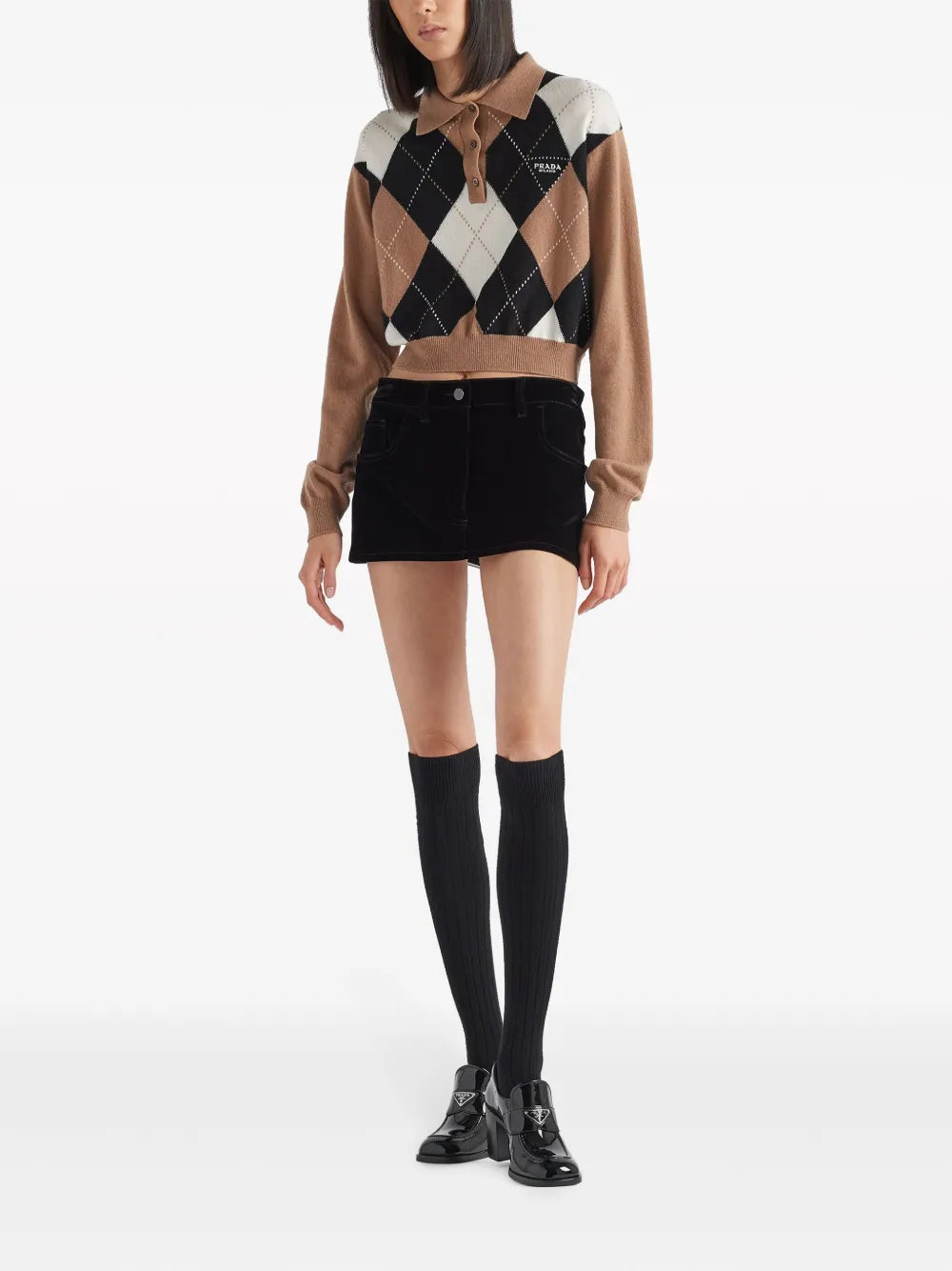 Argyle-Intarsia Cashmere Polo Top